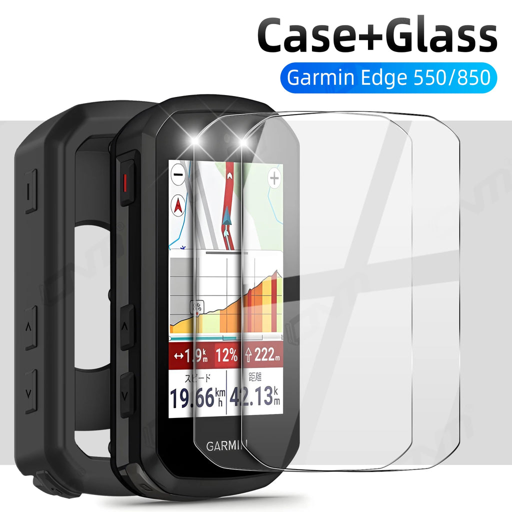 2-in-1 Kit: Silicone Case & 2 Tempered Glass for Garmin Edge 550/850 GPS Bike Computer, Protective Cover + Dual Screen Guards