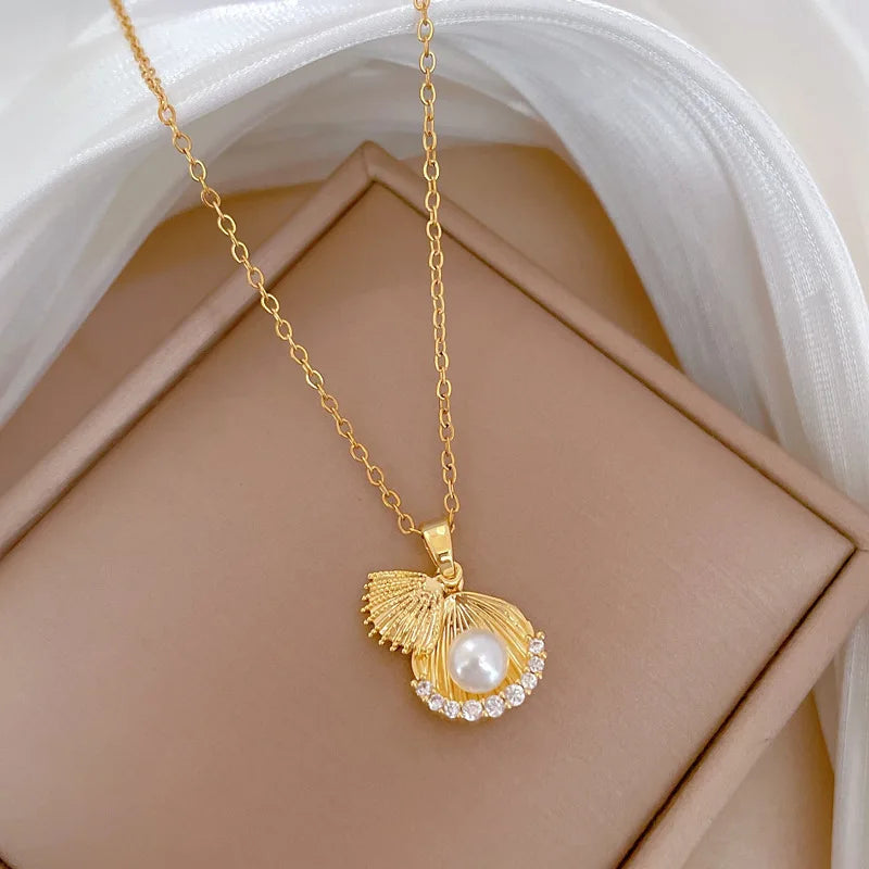 ZAKOL French Shell Pearl Necklace For Women Gold Color Stainless Steel Zircon Love Heart Clavicle Chain Choker Wedding Jewelry