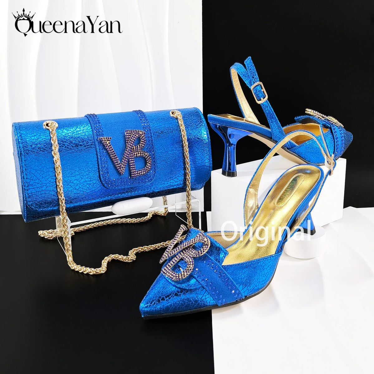 2026 Orange Slingback Shoe & Bag Set Rhinestone VB Letter Decor Pointed Toe High Heels for Wedding Evening Party Occasions