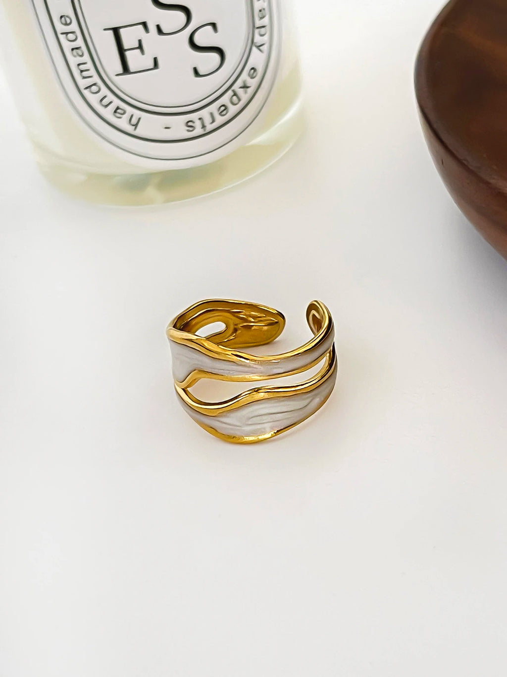 Peri'sbox Trendy Retro Double Enamel White Opening Rings for Women Stainless Steel Gold Plated Hammered Ring Adjustable Jewelry