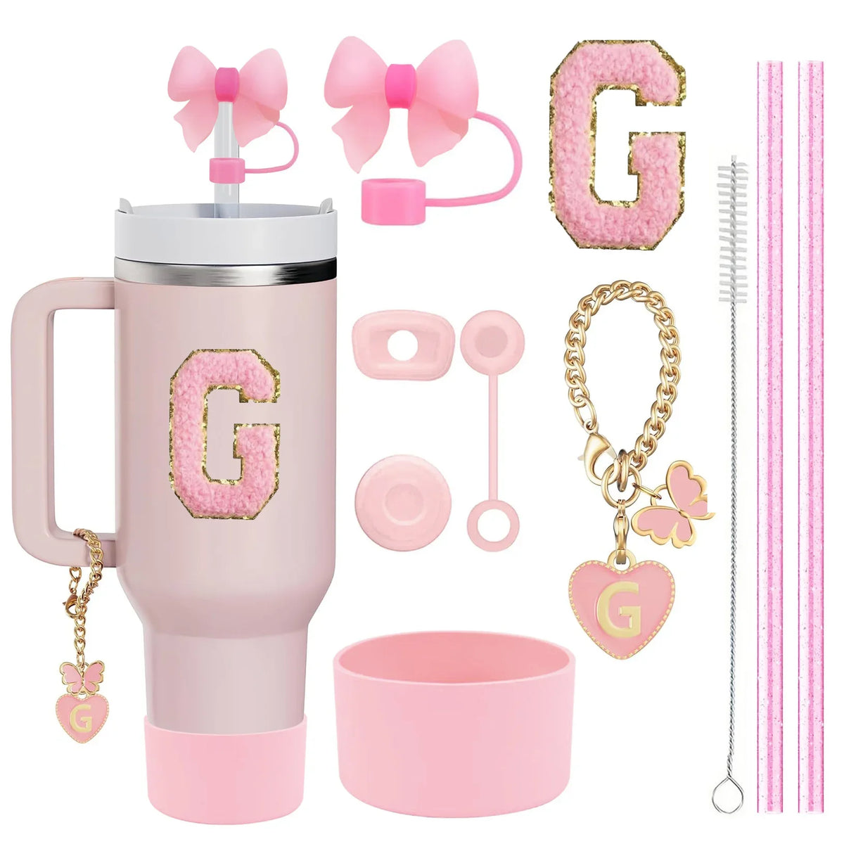 10PCS Accessories Set for Stanley Cup, 2 Straw and Brush and 1 Flower Charm Chain 3 Spill Proof Stopper Flowers Straw Cover Boot