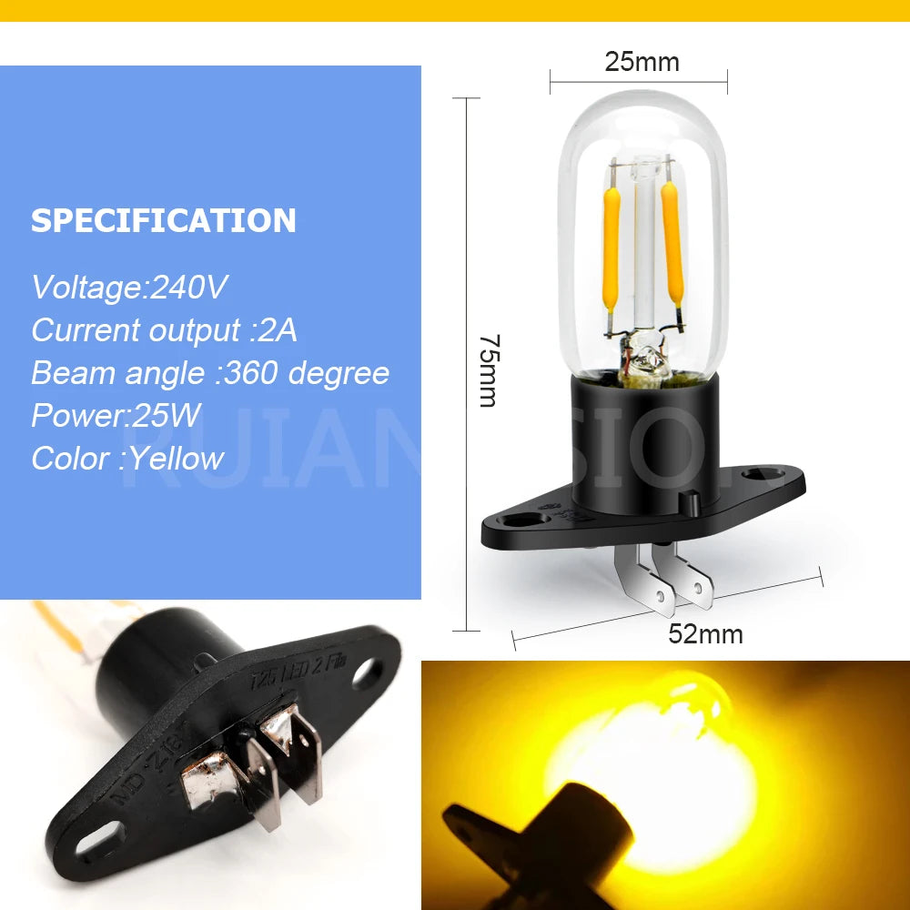 1pc Yellow 240V 25W Microwave Oven Bulb Refrigerator Lighting LED Bulb with Base High Temp Appliance Replacement Bulb Universal