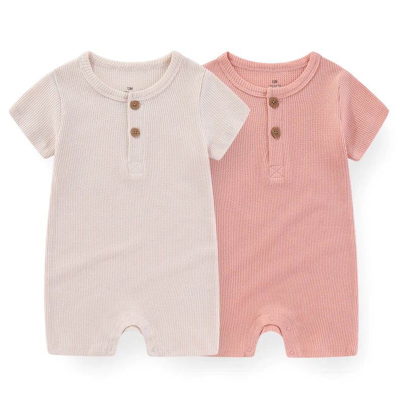 Cotton New Born Baby Boy Clothes 2 Pieces Short Sleeves Baby Girl Clothes 0-24M Waffle Print Infant Rompers Cartoon Bebes