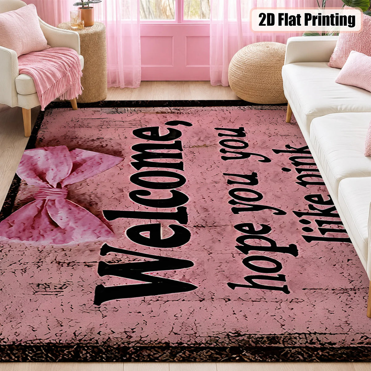 Pink Welcome Bow Area Rug – Six Sizes
