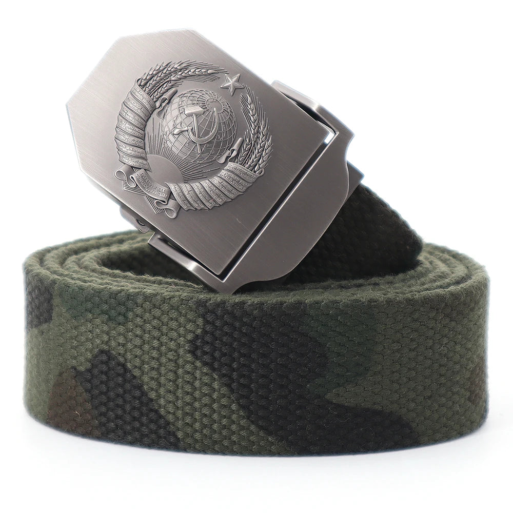 Mens Canvas Outdoor Tactical Army Belt 3D Soviet National Emblem Metal Buckle Unisex Jeans Belt for Men Military Training Belts