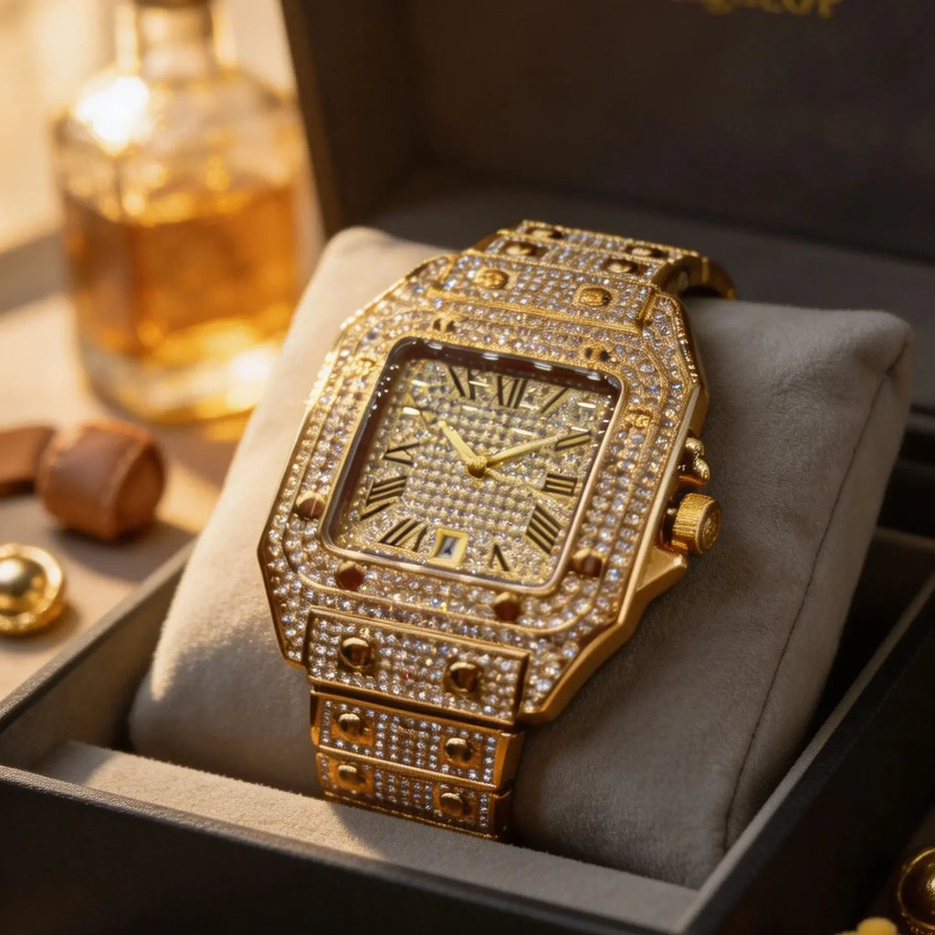 Luxurious Men's Quartz Watch, Fully Diamond-Encrusted with a Square Roman Numeral Dial, Featuring Date Display, Waterproof Design, Hip-Hop Style, Shiny Watch Suitable for Both Formal and Casual Occasions