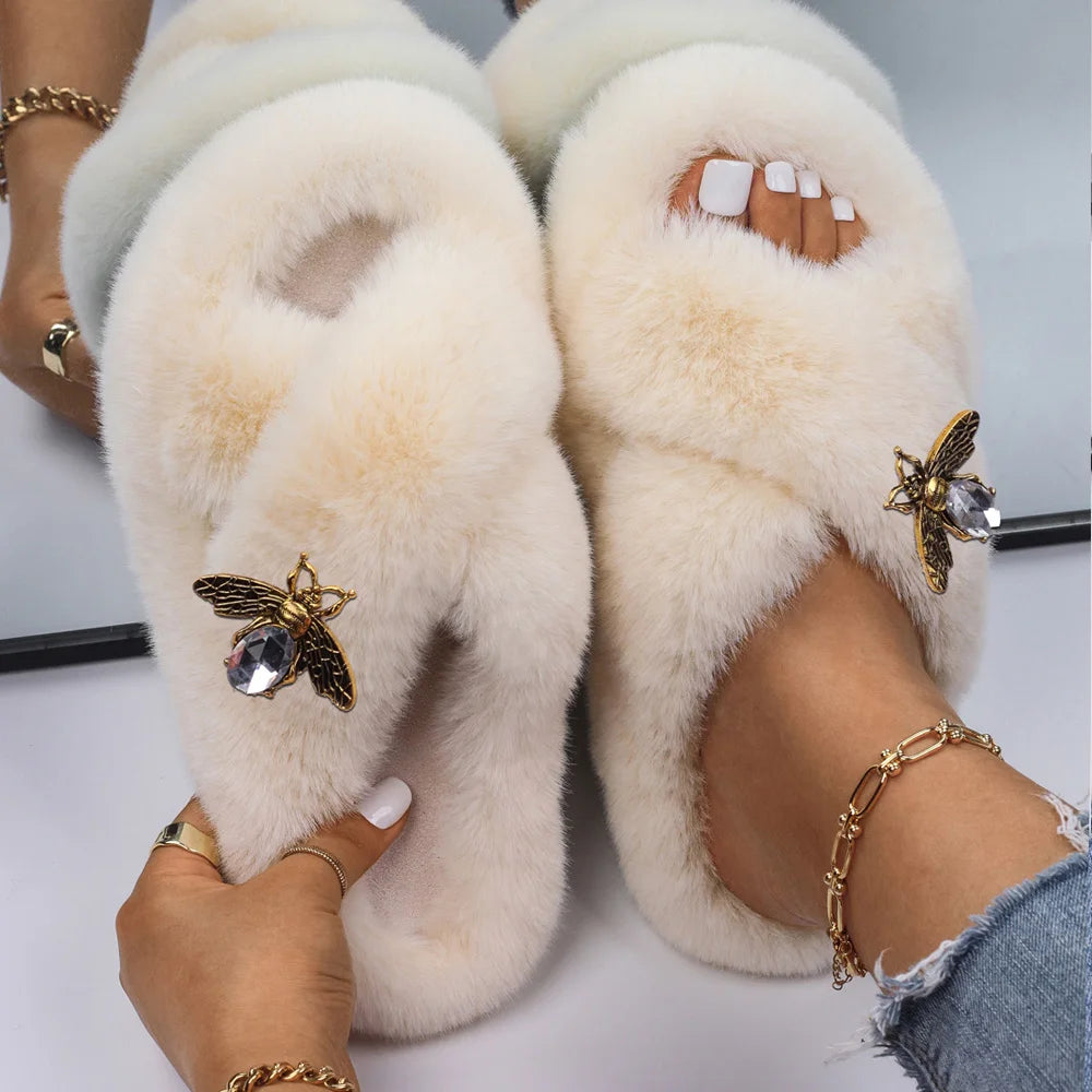 Women Furry Fur Slippers Soft Faux Fur Slides Ladies Plush House Slippers Cross Strap Open Toe Flat Sandals Fluffy Warm Shoes