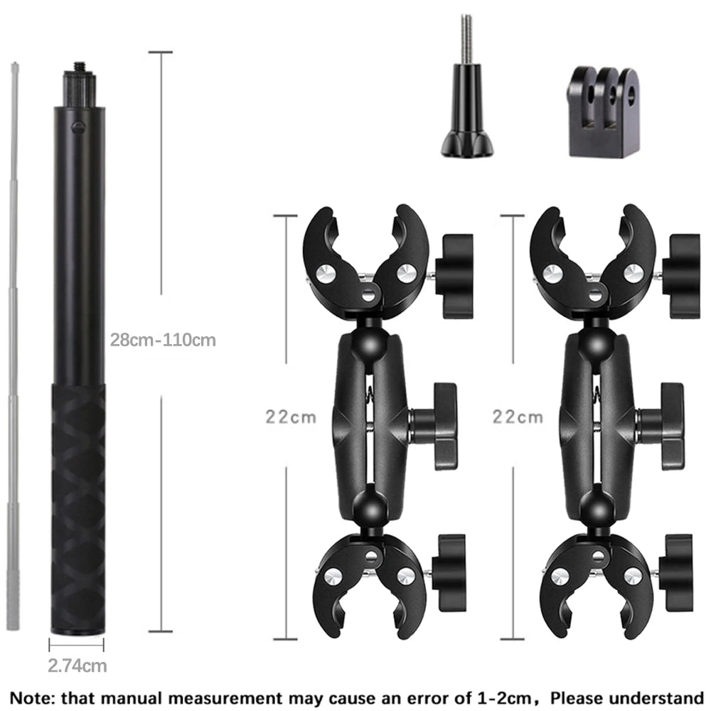 HONGDAK for Insta360 One X2 X3 Motorcycle Bicycle Double Clip Bracket for GoPro 11 10 9 Bike Selfie Stick Camera Accessory