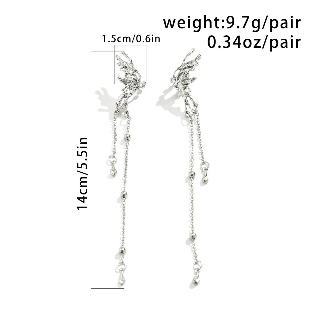 1Pair Elegant Elf Butterfly Long Tassel Clip Earrings for Women Wed Bridal Retro Kpop No Piercing Earbone Ear Cuff Jewelry Gift