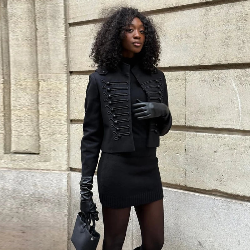Vintage Women's Cropped Napoleon Jacket Stand Collar Single Breasted Hussar Jackets 2026 Autumn Lady Chic Black Outwear New