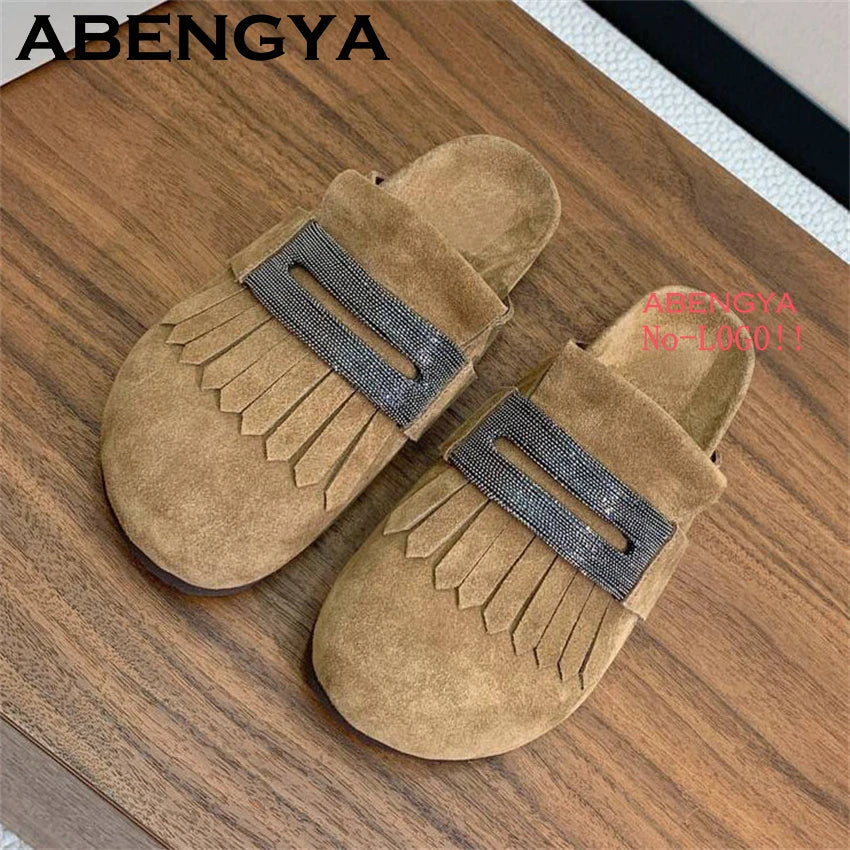 2025 Summer Round Wrap Toe Flat Half Slippers Women Suede Leather Tassels Platform Mules Ladies Outdoor Casual Beach Shoes Mujer
