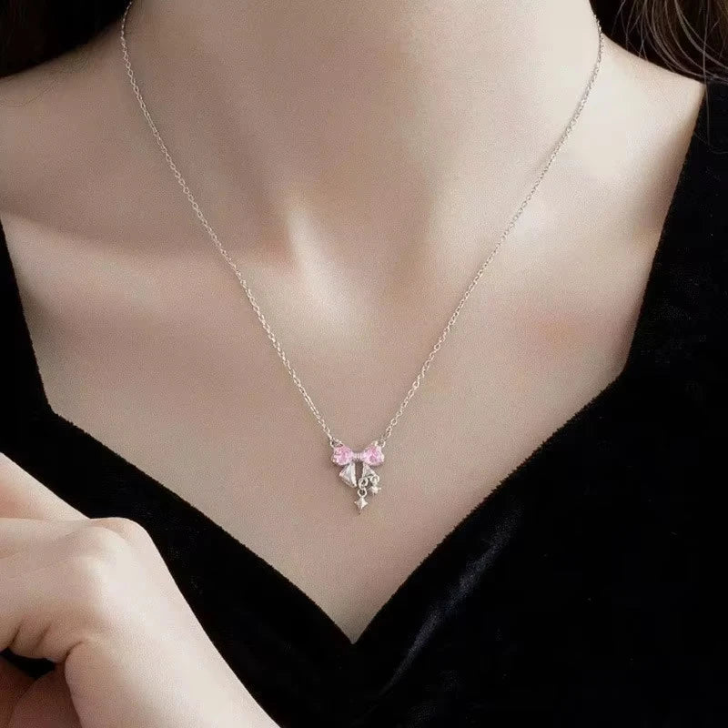 Sweet Pink Bow Necklace Ladies Fashion Sparkling Rhinestone Star Shape Pendant Clavicle Chain Delicate Wedding Accesories C