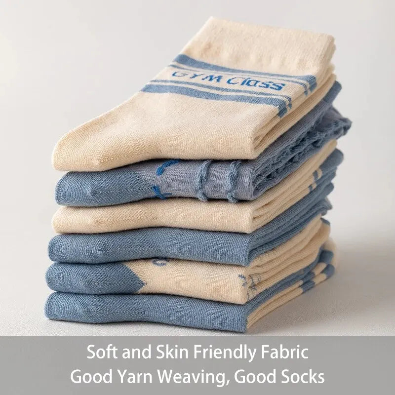 5 Pairs of Women's Spring Four-season Cute SStriped Letters Youthful Beautiful Fashionable and Comfortable Mid-calf Socks