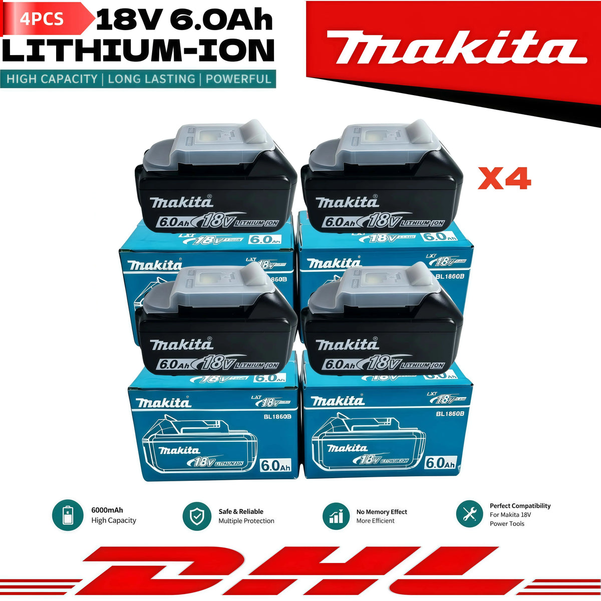100% Genuine Original Makita 6.0Ah 18V Rechargeable Battery, BL1860B Makita 18V Battery BL1850 BL1840 BL1860 Replacement Lithium