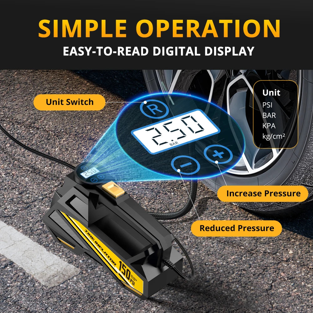 Corded Portable Car Air Pump Upgraded 12V 150PSI Electric Tire Inflator Pump Motorcycle Bike Ball LED Light Car Air Compressor