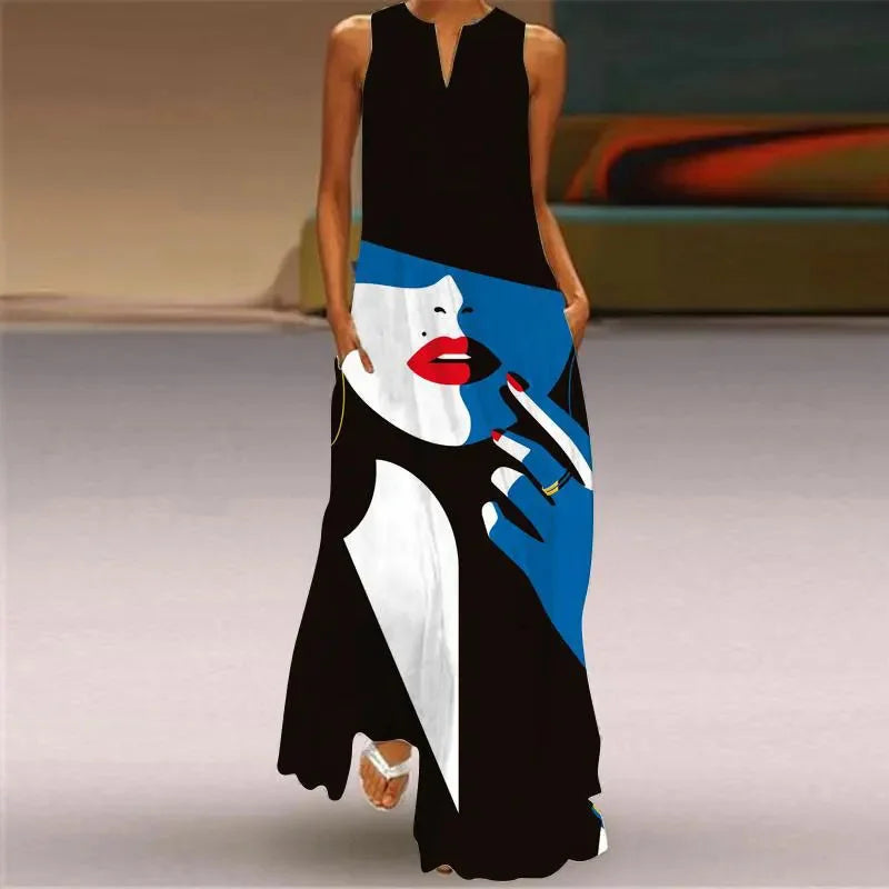 Summer Outdoor Street Fashion Women's Long Dress New Abstract Art Print Dress Sleeveless Vest V-Neck Fashion Women's Party Dress