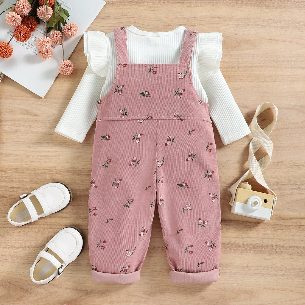 Pudcoco 2 Pieces Kids Suit Set, Solid Color O-Neck Long Sleeve Tops+ Floral Print Suspender Trousers for Girls, 6 Months-4 Years