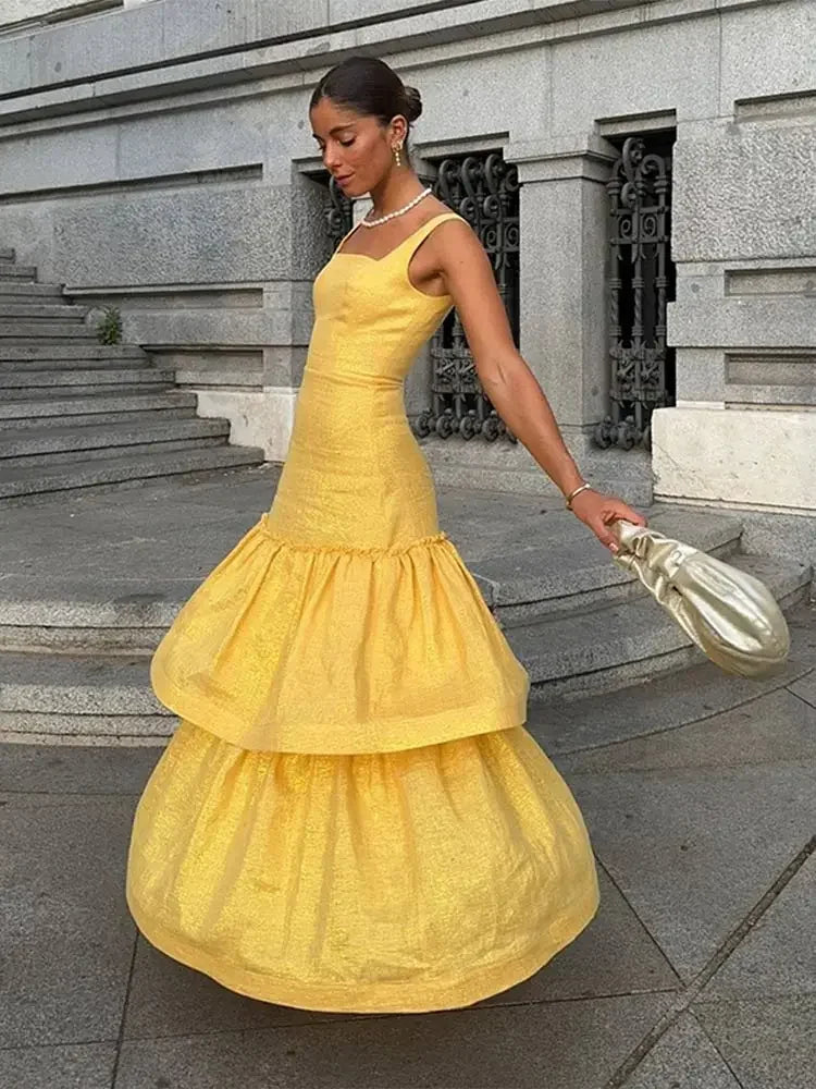 Luxury Sparkling Ruffled Layerd Yellow Long Dress Chic Backless Bodycon Wedding Sling Robes Women Elegant Party Club Vestidos