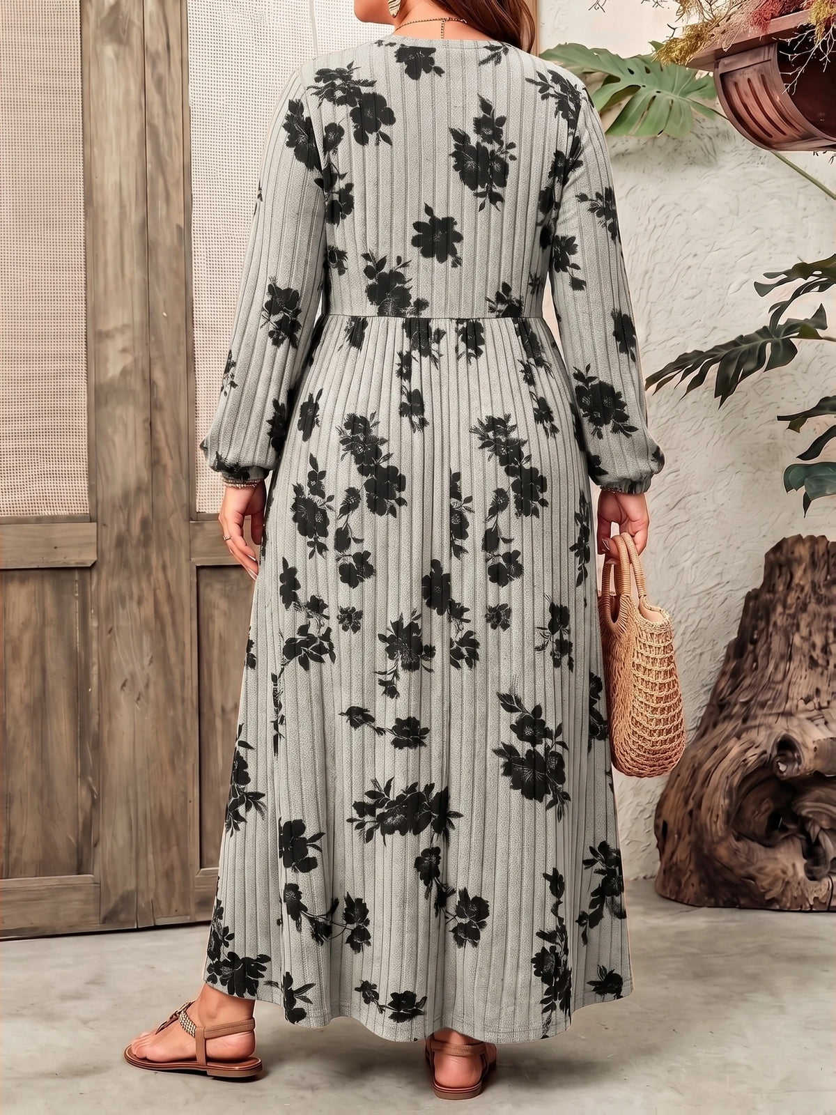 Plus Size Women Floral Print Ribbed Knit Maxi Dress Fall Winter Round Neck Puff Sleeve A Line Casual Long Dress