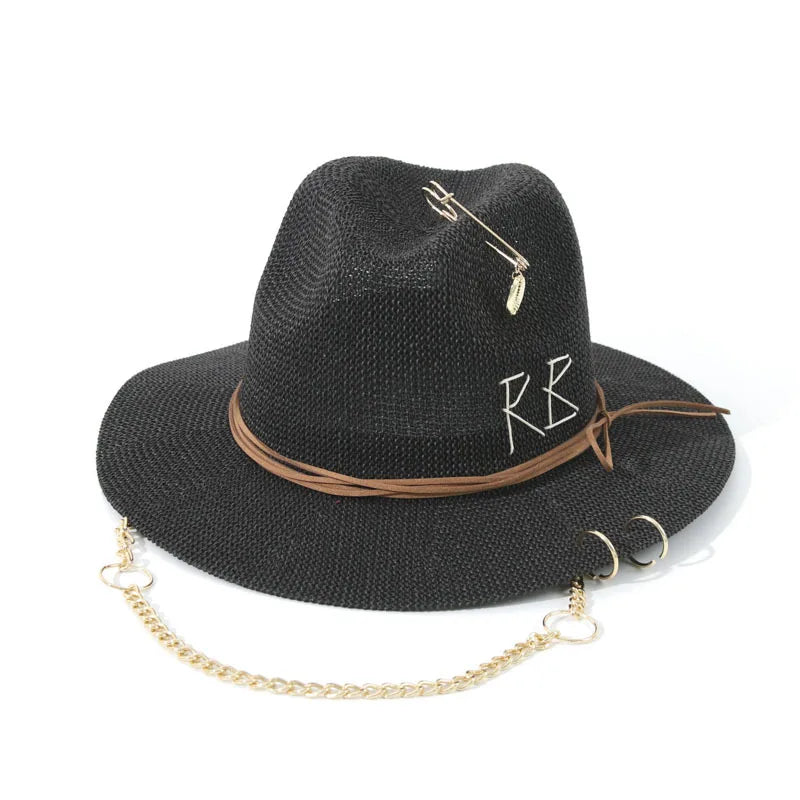 New Fashionable Metal  Letter Straw Hats for Women Men Summer Outdoor Holidays Beach Sun Hat Panama Hat