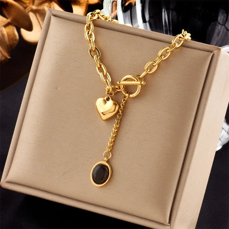 ZAKOL 316L Stainless Steel Heart Black Stone Pendant Necklace For Women Girls OT-Buckle Chain Versatile Jewelry Gifts