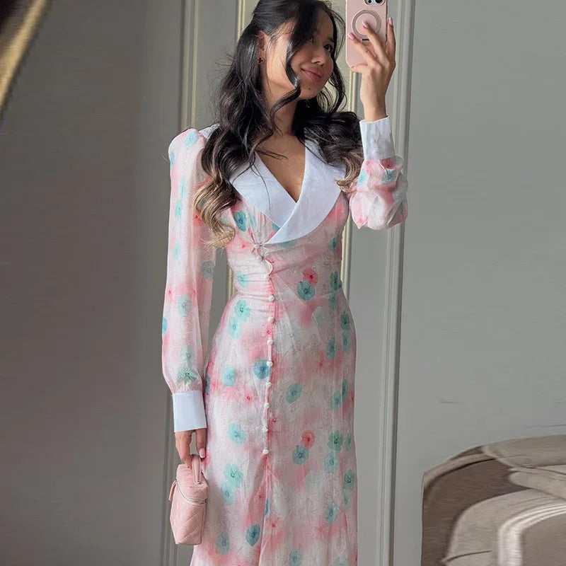 Women Printed V Neck Long Dress Flared Sleeve Lotus Leaf Edge High Waist Slim Fit Maxi Dresses Lady Elegant Evening Party Dress
