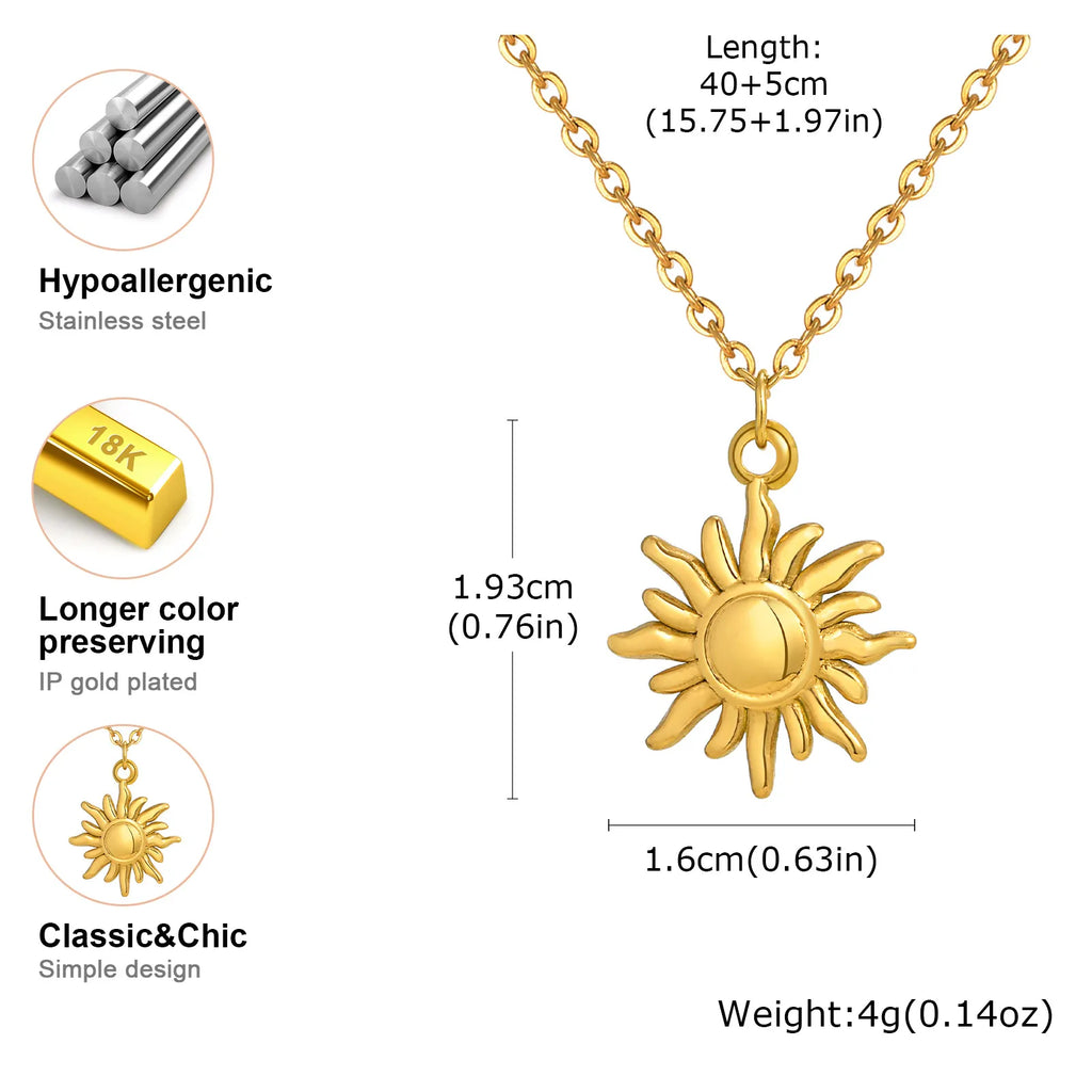 Stainless Steel Spiral Sun Flower Pendant Necklace for Women 18K Gold Plated Stackable Boho Necklace Waterproof Fashion Jewelry