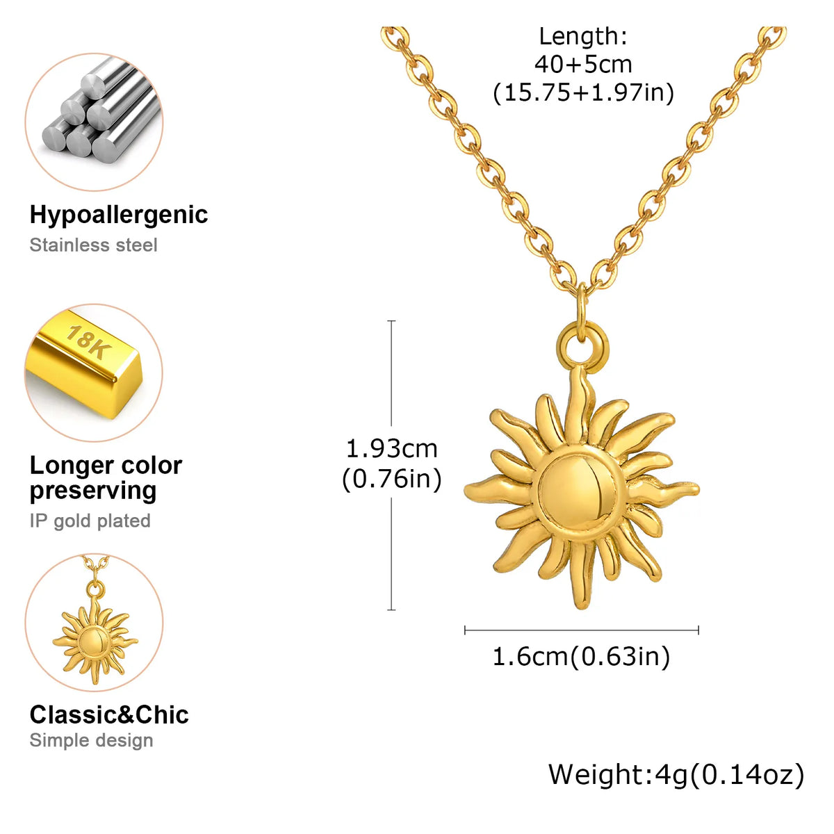 Stainless Steel Spiral Sun Flower Pendant Necklace for Women 18K Gold Plated Stackable Boho Necklace Waterproof Fashion Jewelry