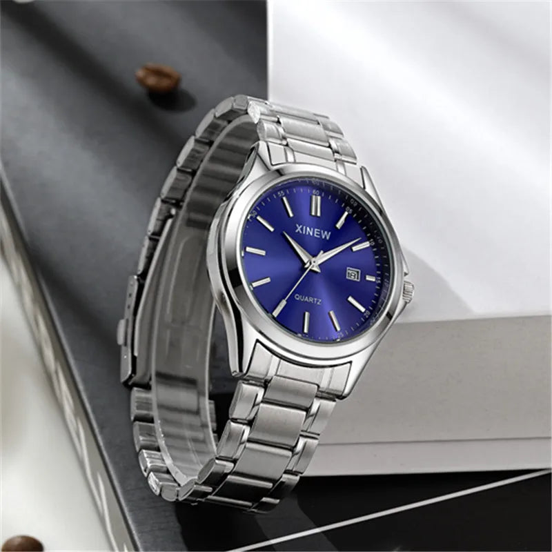 Genuine XINEW Brand Men Watches Students Fashion Casual Full Stainless Steel Band Simple Date Quartz Wrist Vintage Watch Silver