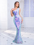 One Shoulder Sleeveless Stretchy Sequined Maxi Dress Evening Prom Night Gown Spring Summer Navy Green