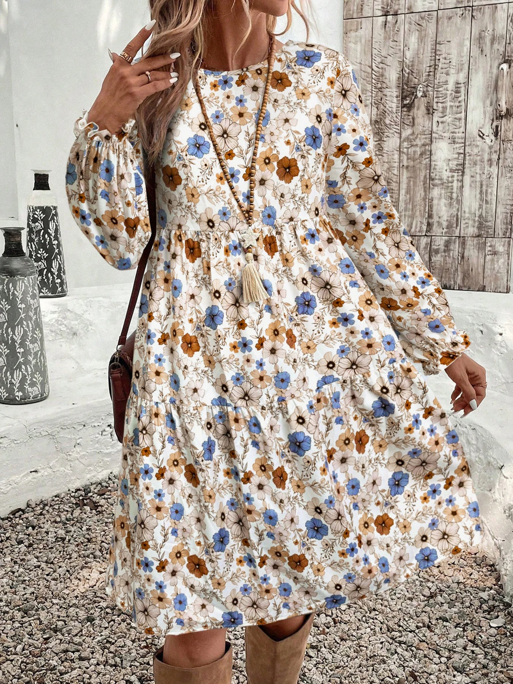 Women's Floral Print Tie Neck Flounce Sleeve Dress, Elegant Fashion Casual Dress for Daily Outdoor Wear, Women Dress for Spring