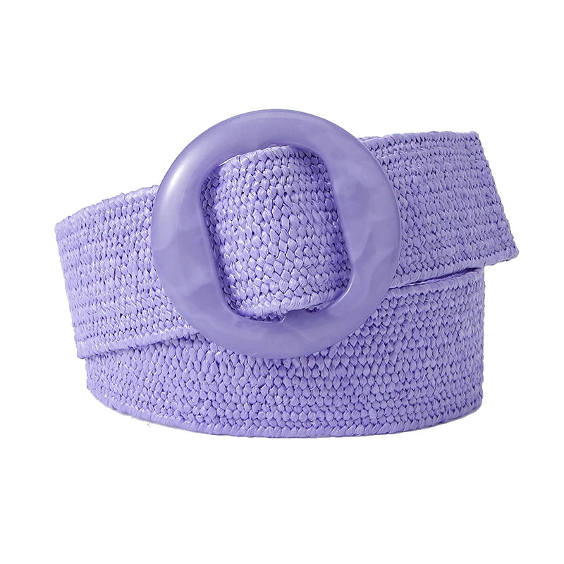 Beltox Women Straw Woven Elastic Wide Belt Solid Color with Matching Plastic Buckle