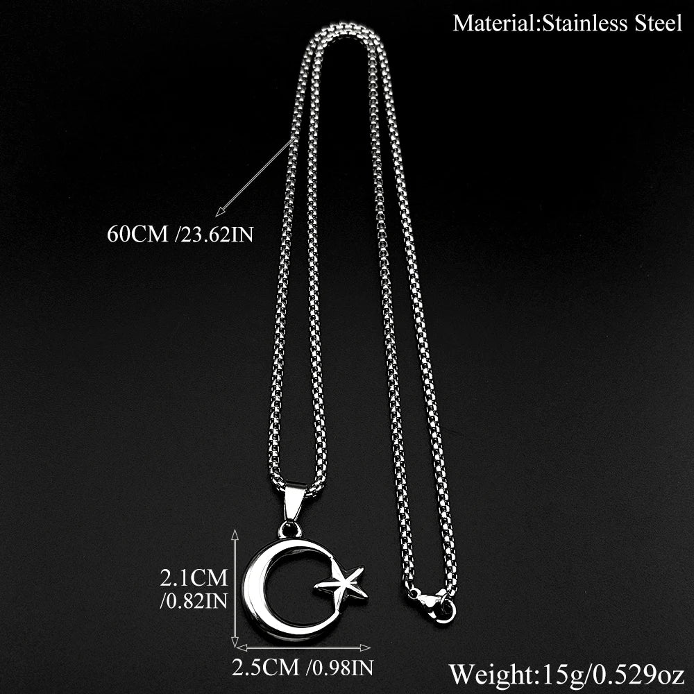 Muslim Islam Crescent Moon Star Stainless Steel Chain Necklaces for Women Men Gold Plated Pendant Necklace Amulet Jewelry Gift