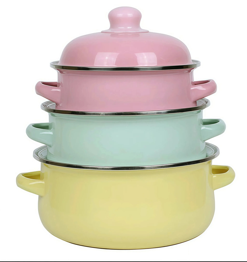3Pcs Vintage Enamel Stock Pot Set with Lid,34oz/51oz/68oz Retro Flower Cooking Pot, Flat Bottom Stew Pot with Dual Handles for Induction & Gas Stove Kitchen Use