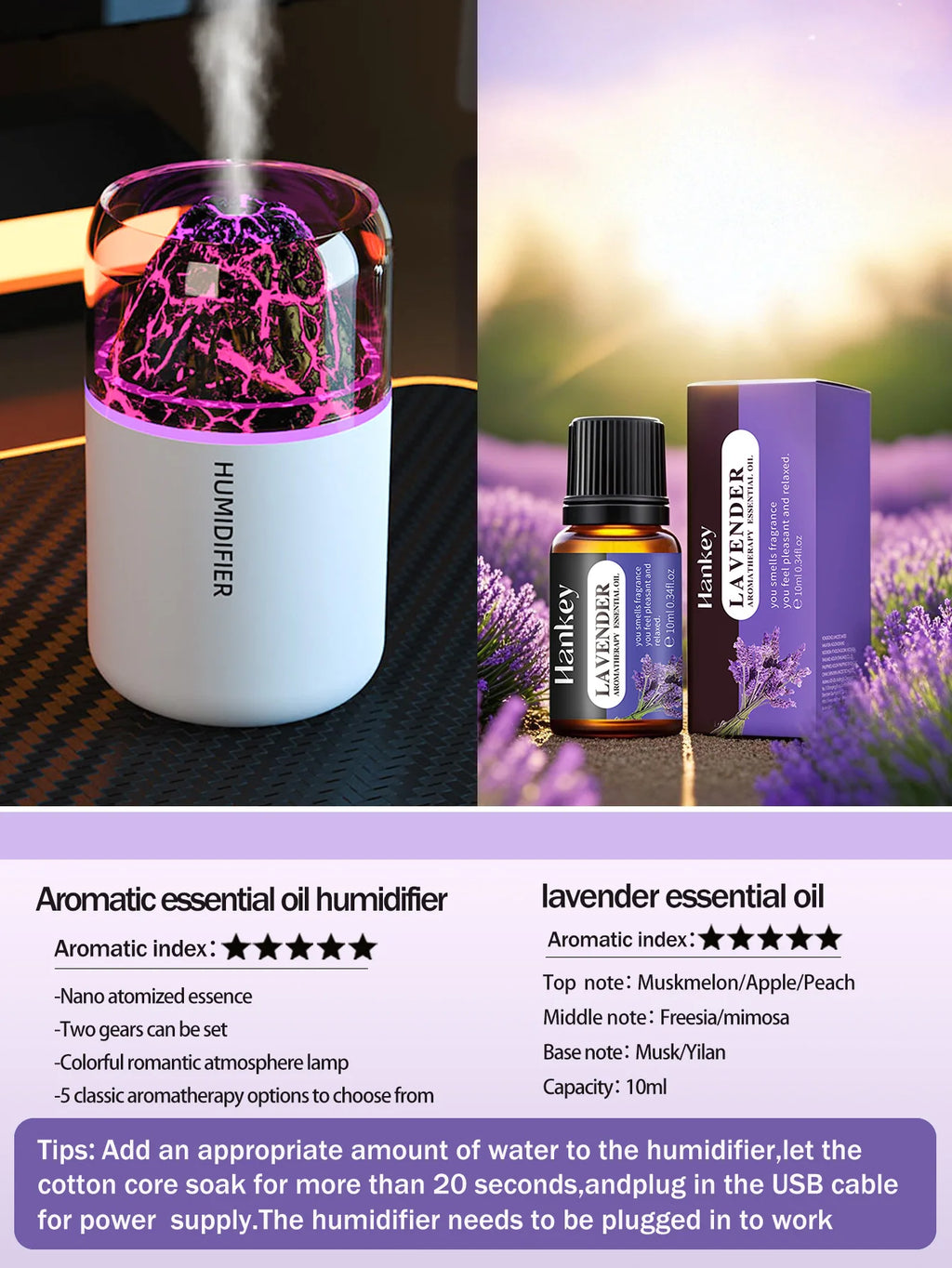 The simulated volcanic color lamp humidifier USB aromatherapy diffuser is suitable for use in cars, homes, bedrooms, as a gift,