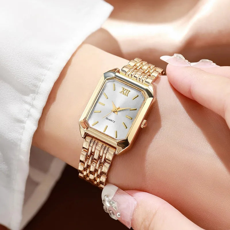 5PCS Elegant Rectangle Rhinestone Quartz Watch Jewelry Set Fashion Women Watches Reloj Mujer Girl Clock Gift（Without Box）