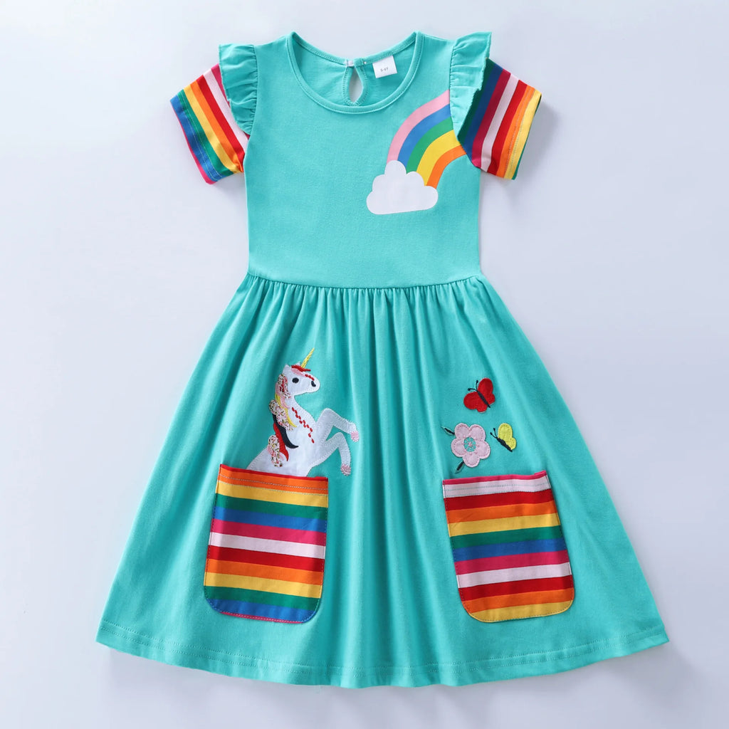 Girls' Short Sleeve Unicorn Dress New Summer Embroidered Two Pockets Rainbow Sleeve Children's SH81035