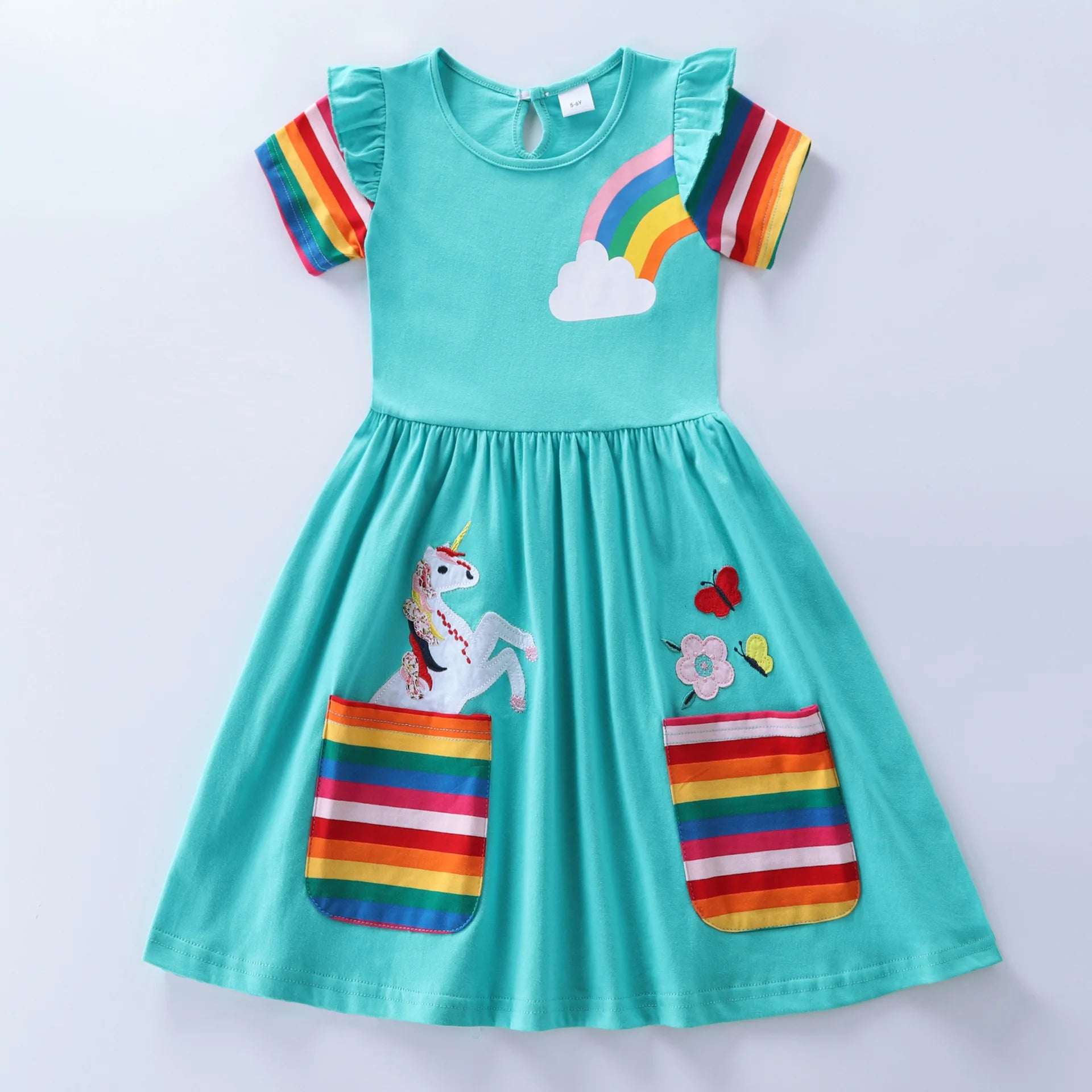 Girls' Short Sleeve Unicorn Dress New Summer Embroidered Two Pockets Rainbow Sleeve Children's SH81035