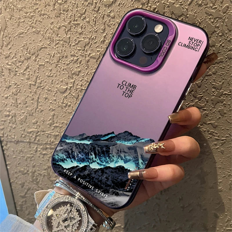 Snow Mountain Landscape Sunset Electroplate Silver Phone Case For iPhone 16 Pro 17 18 Pro 11 12 13 14 15 Pro Max Air 16E Cover