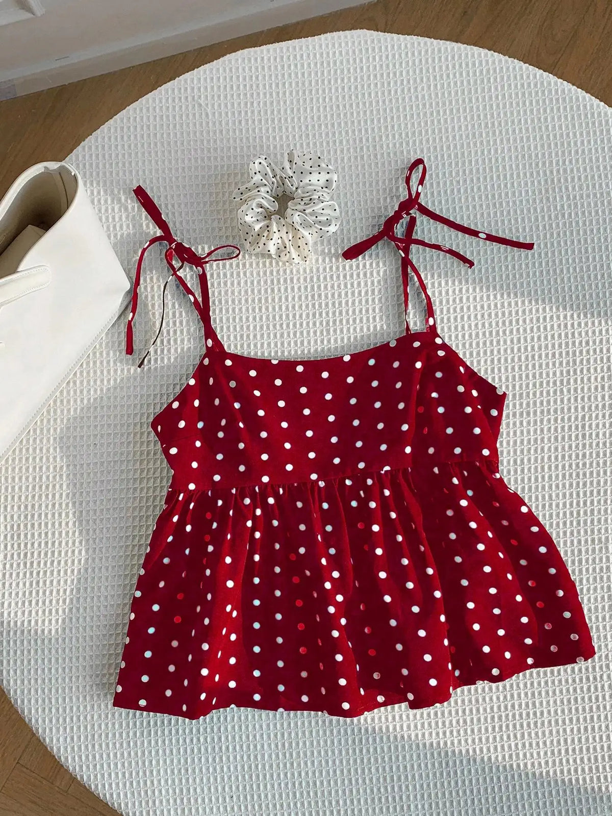 Women's Polka Dot Crop Cami With Spaghetti Straps And Flared Hem Polka Dot Camisole Babydoll Top Babydoll Tops Polkadot Top Cute