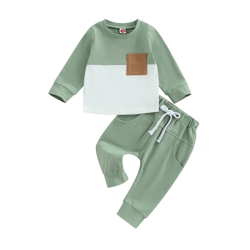 2PCS Winter Baby Tracksuit For Toddler Boys Outfits Contrast Color Long Sleeve Sweatshirts Tops Long Pants Toddler Clothes Set