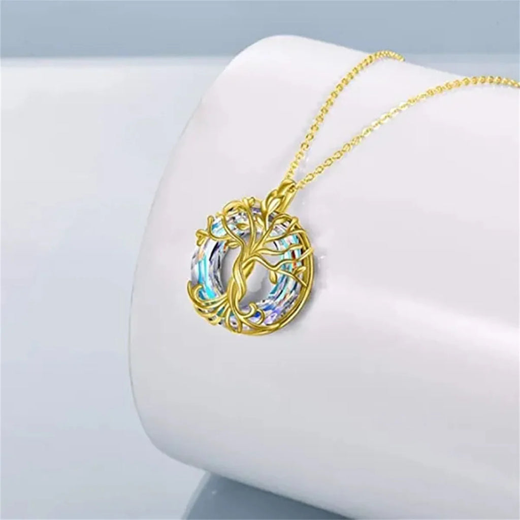 Tree of Life Necklace with Circle Crystal Exquisite Family Tree Pendant Design Jewelry Gift for Women Mom Daughter