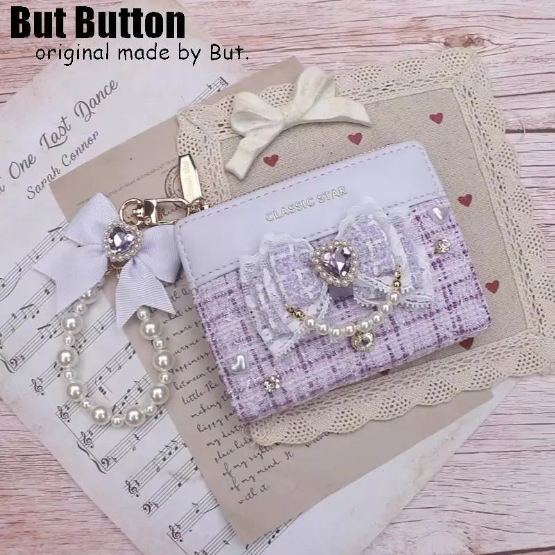 Kawaii Sweet Japanese Lolita Bow Wallet JK Harajuku Y2K Lace Rhinestone Short Wallet Mini Purse Card Holder Women Girls Gift