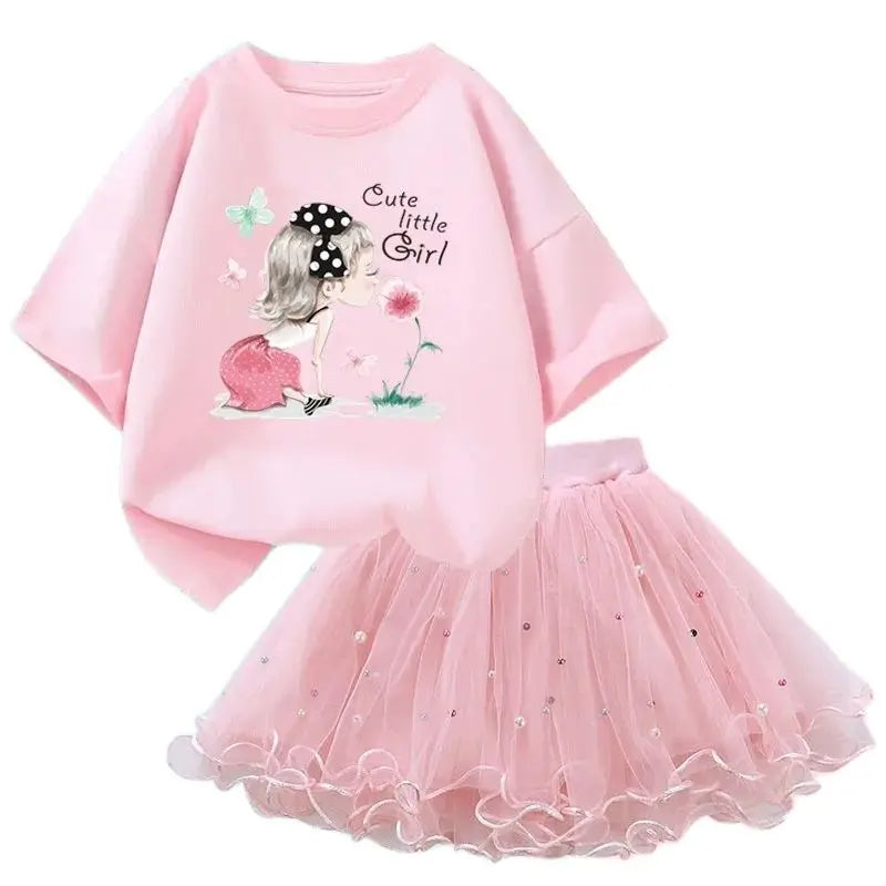 Fashion Summer Girls Outfits Pretty Ballet Dance Girl T-shirt and Tutu Skirt Set for Princess Clothes Suit Children Clothing