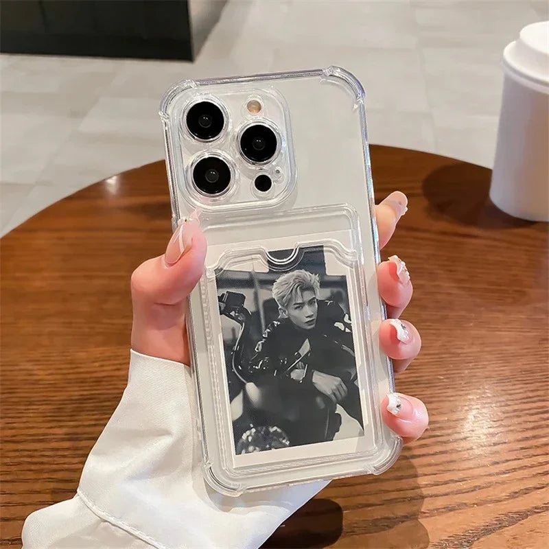 Transparent Card Bag Holder Phone Case For iPhone 11 12 13 14 15 16 17 18 Pro Max Plus AIr Wallet Shockproof Cover