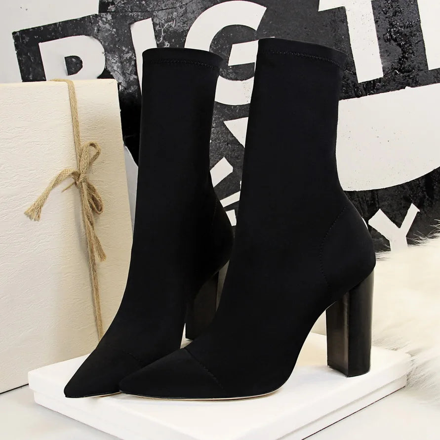 Women 10cm High Heels Silk Sock Boots Green Square Block Heels Ankle Boots Lady Spring Autumn Pointed Toe Satin Sexy Party Shoes