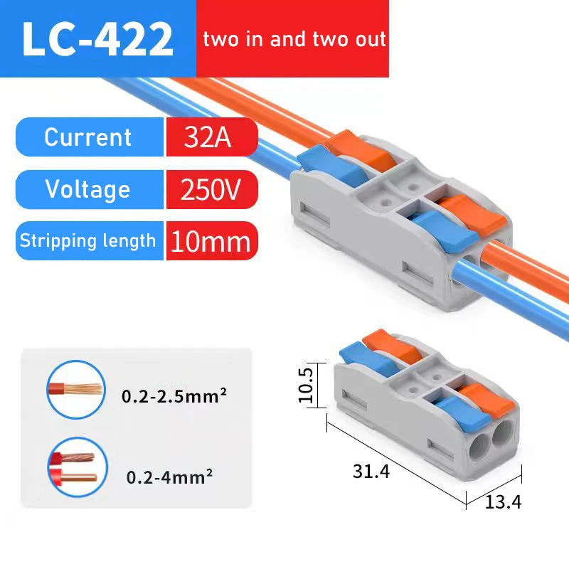 10Pcs Wire Conductor Connector Mini Lever‑Nut 2‑In‑2‑Out Fast Lighting Wire Cable Connector Terminal Block