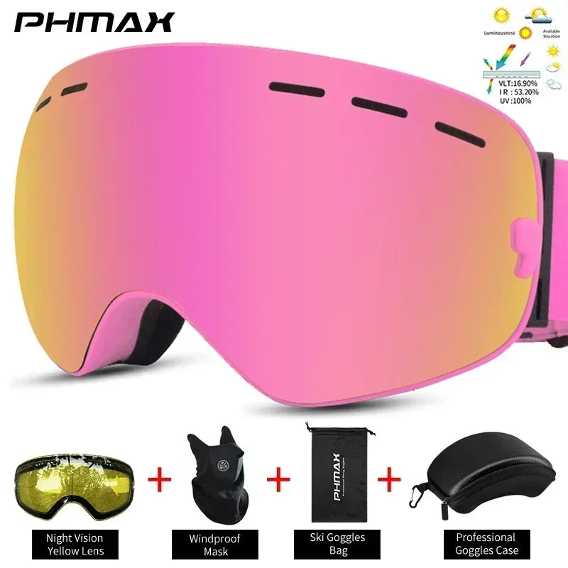 PHMAX Ski/Snowboard Goggles for Men Women, OTG Snow Goggles Anti Fog UV Protection Red Double Layers Lens Wide Vision Winter