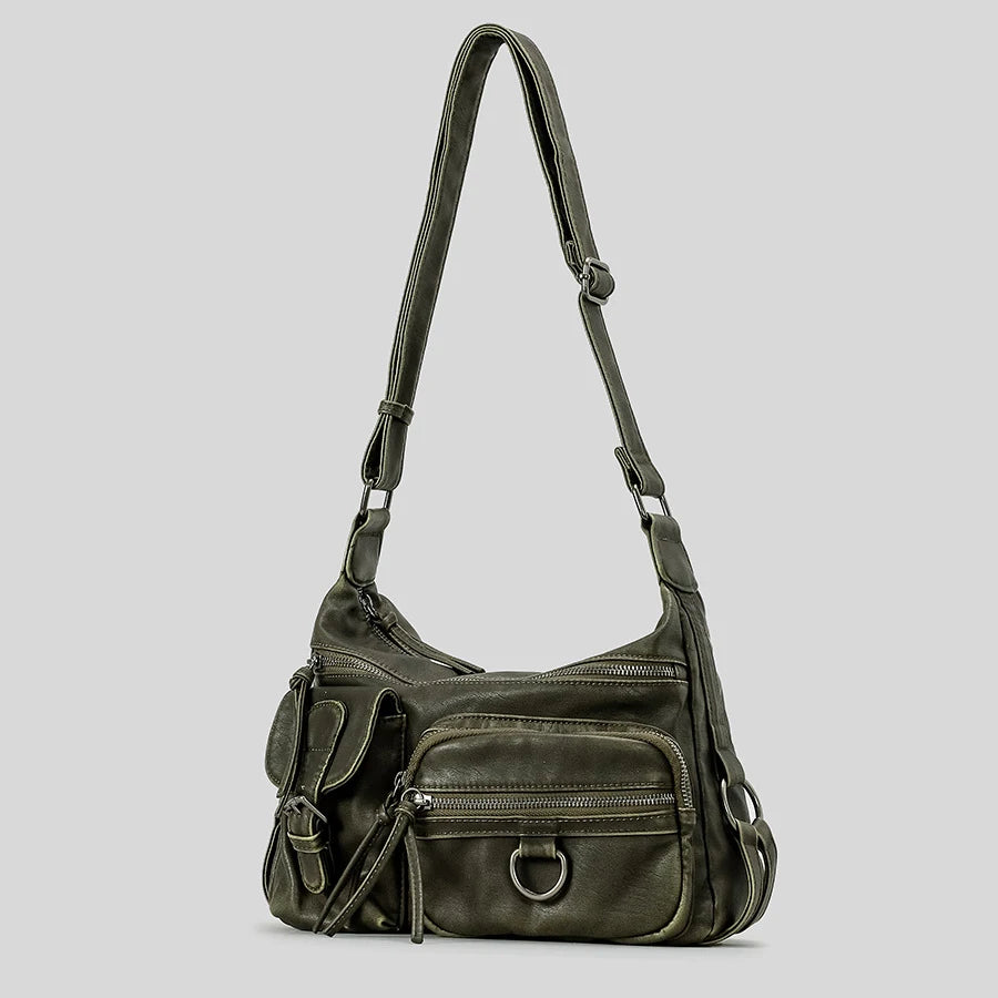 Vintage Multiple Pockets Women Shoulder Bags Luxury Washed Pu Leather Crossbody Bag Retro Motorcycle Bag Y2K Sac for Girls 2026
