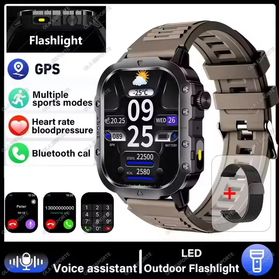 2026 New Military Outdoor Smart Watch Men's GPS Flashlight Bluetooth Call 2.01" AMOLED Screen 3ATM Waterproof Sports Smartwatch